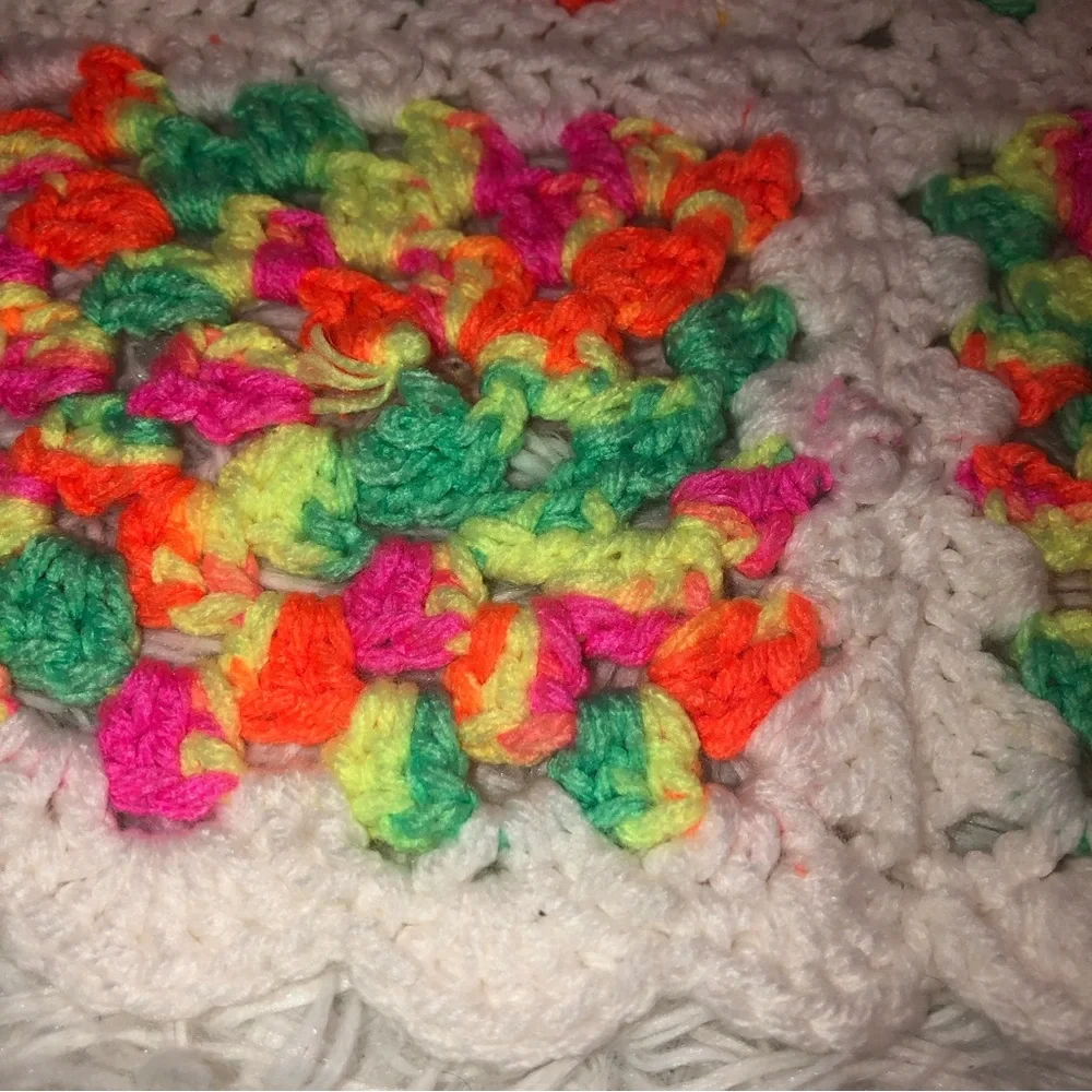 Handmade Crochet Blanket Granny Squares Bright Multi Color Blanket 35” x 34”